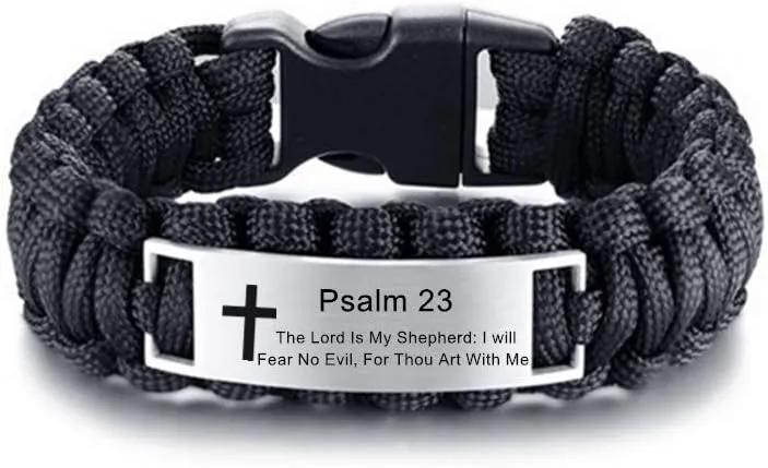 LF Mens Stainless Steel Psalm 23 Bible Verse Outdoor Black Rope Paracord Survival Bracelet,Christ Cross Bible Quote Scripture Cuff Bracelets for Adult Outdoor Hiking Camping Hunting Activities