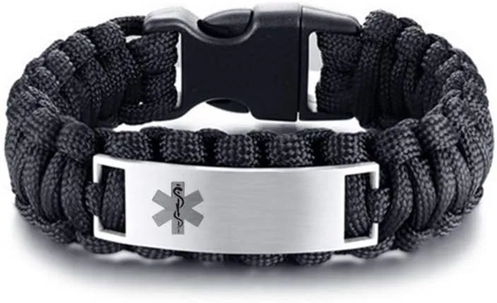 LF Stainless Steel Personalized ICE Medical Alert Outdoor Rope Paracord Survival Medic ID Bracelet Sos Emergency Cuff Bracelets for Adult Hiking Camping Hunting Activities,Free Engraving Customized