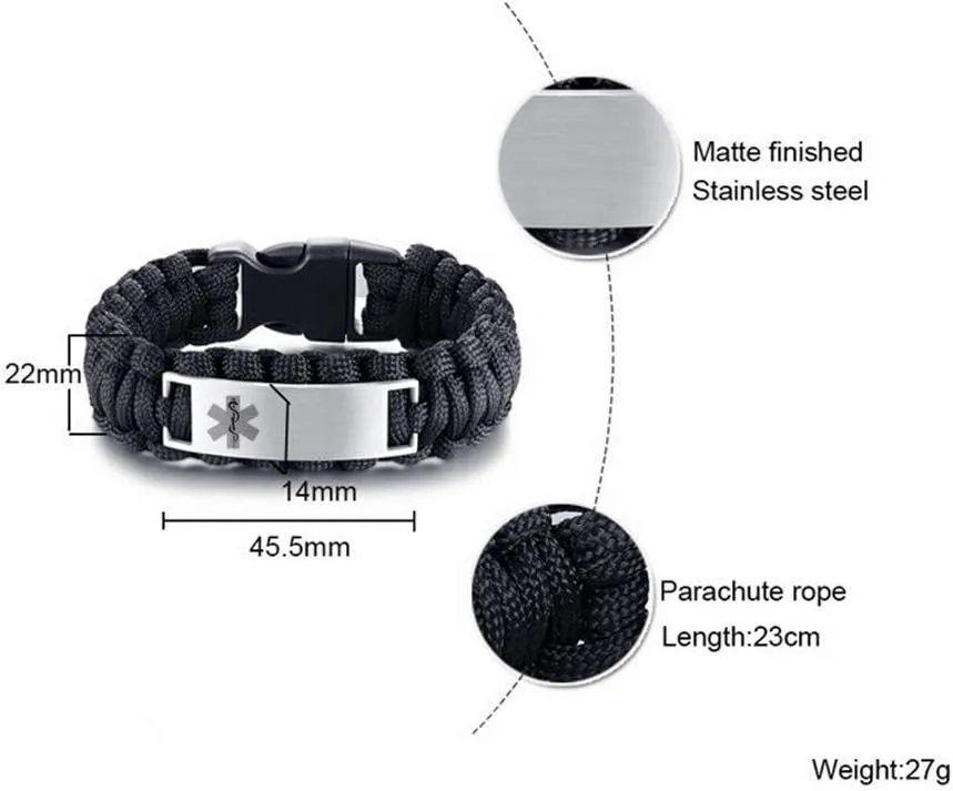 LF Stainless Steel Personalized ICE Medical Alert Outdoor Rope Paracord Survival Medic ID Bracelet Sos Emergency Cuff Bracelets for Adult Hiking Camping Hunting Activities,Free Engraving Customized