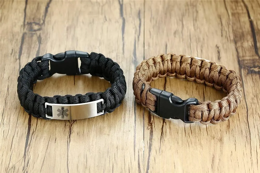 LF Stainless Steel Personalized ICE Medical Alert Outdoor Rope Paracord Survival Medic ID Bracelet Sos Emergency Cuff Bracelets for Adult Hiking Camping Hunting Activities,Free Engraving Customized