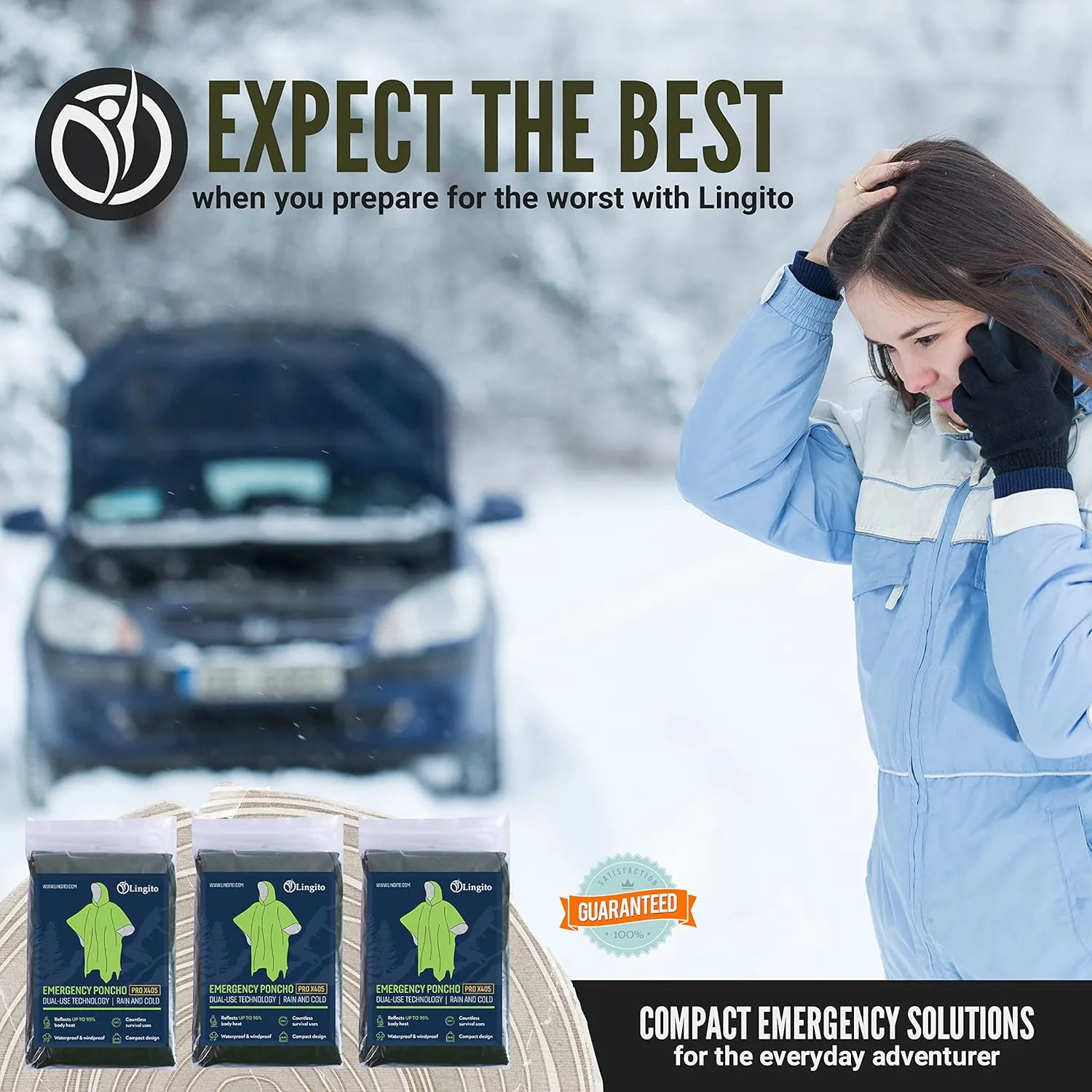 Lingito Rain Ponchos Family Pack - Emergency Drawstring Hood Poncho for Children & Adults Lightweight Reusable or Disposable