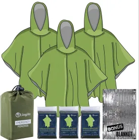 Lingito Rain Ponchos Family Pack - Emergency Drawstring Hood Poncho for Children & Adults Lightweight Reusable or Disposable