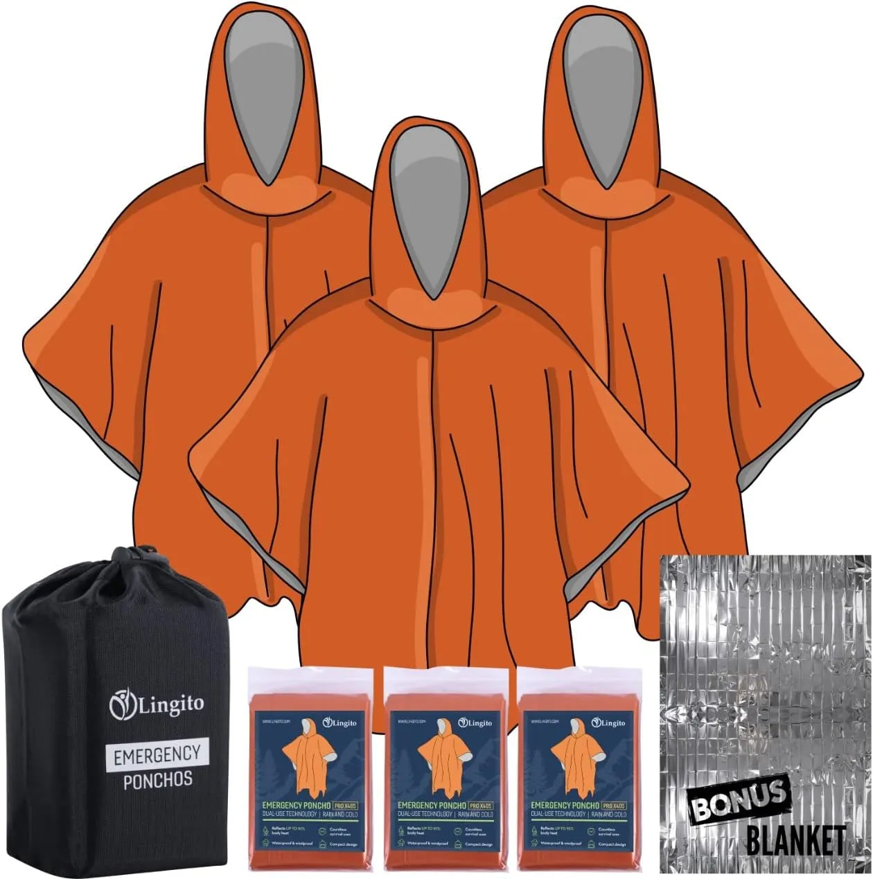 Lingito Rain Ponchos Family Pack - Emergency Drawstring Hood Poncho for Children & Adults Lightweight Reusable or Disposable