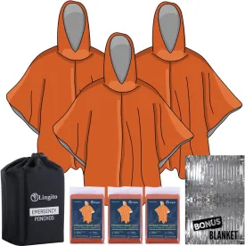 Lingito Rain Ponchos Family Pack - Emergency Drawstring Hood Poncho for Children & Adults Lightweight Reusable or Disposable