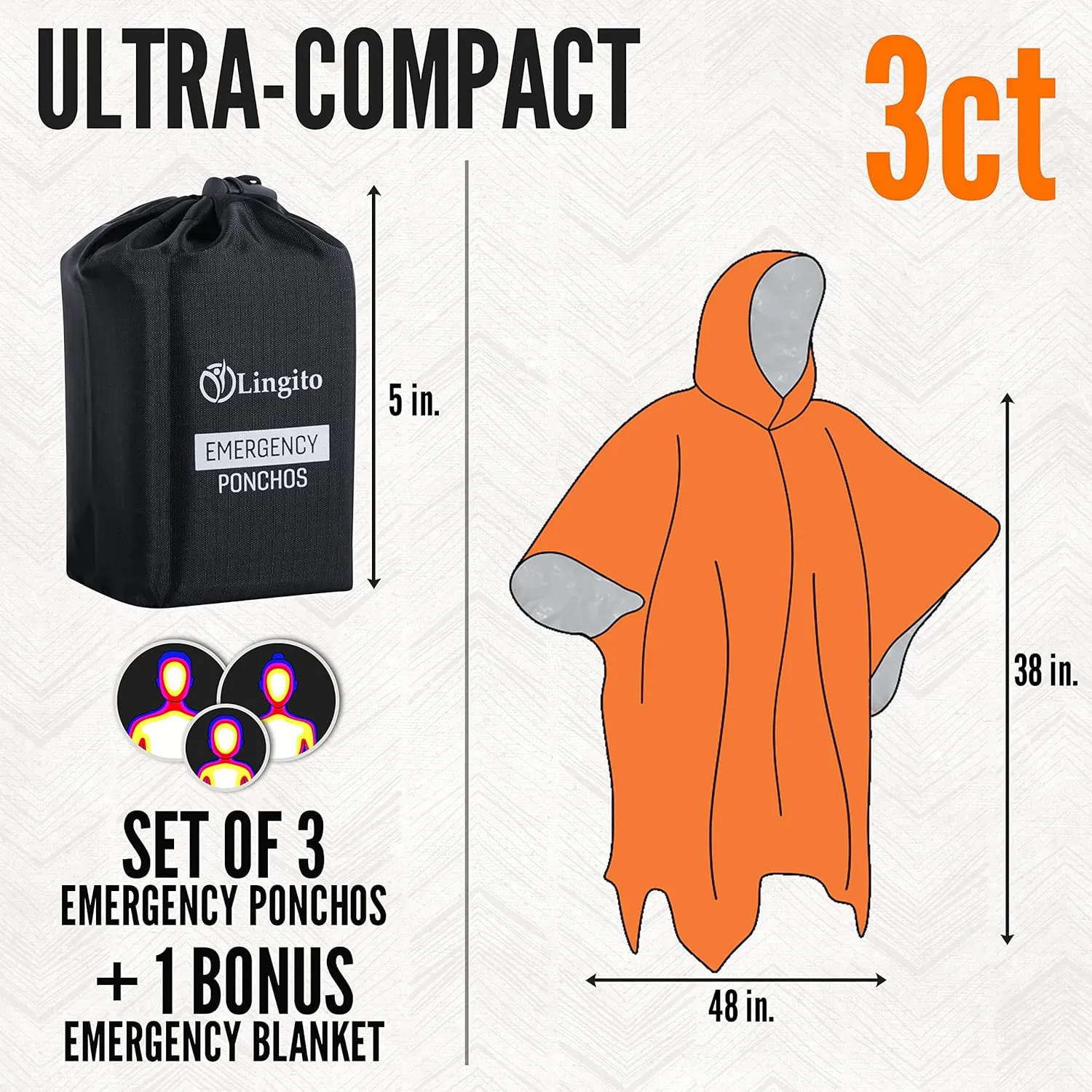 Lingito Rain Ponchos Family Pack - Emergency Drawstring Hood Poncho for Children & Adults Lightweight Reusable or Disposable