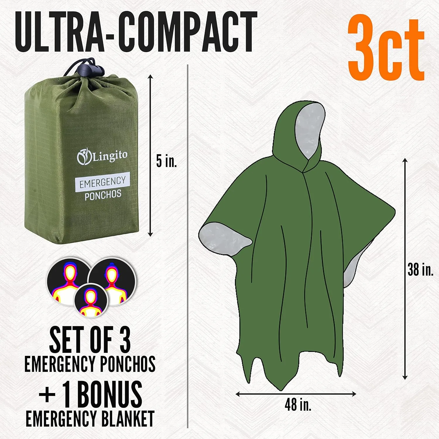 Lingito Rain Ponchos Family Pack - Emergency Drawstring Hood Poncho for Children & Adults Lightweight Reusable or Disposable