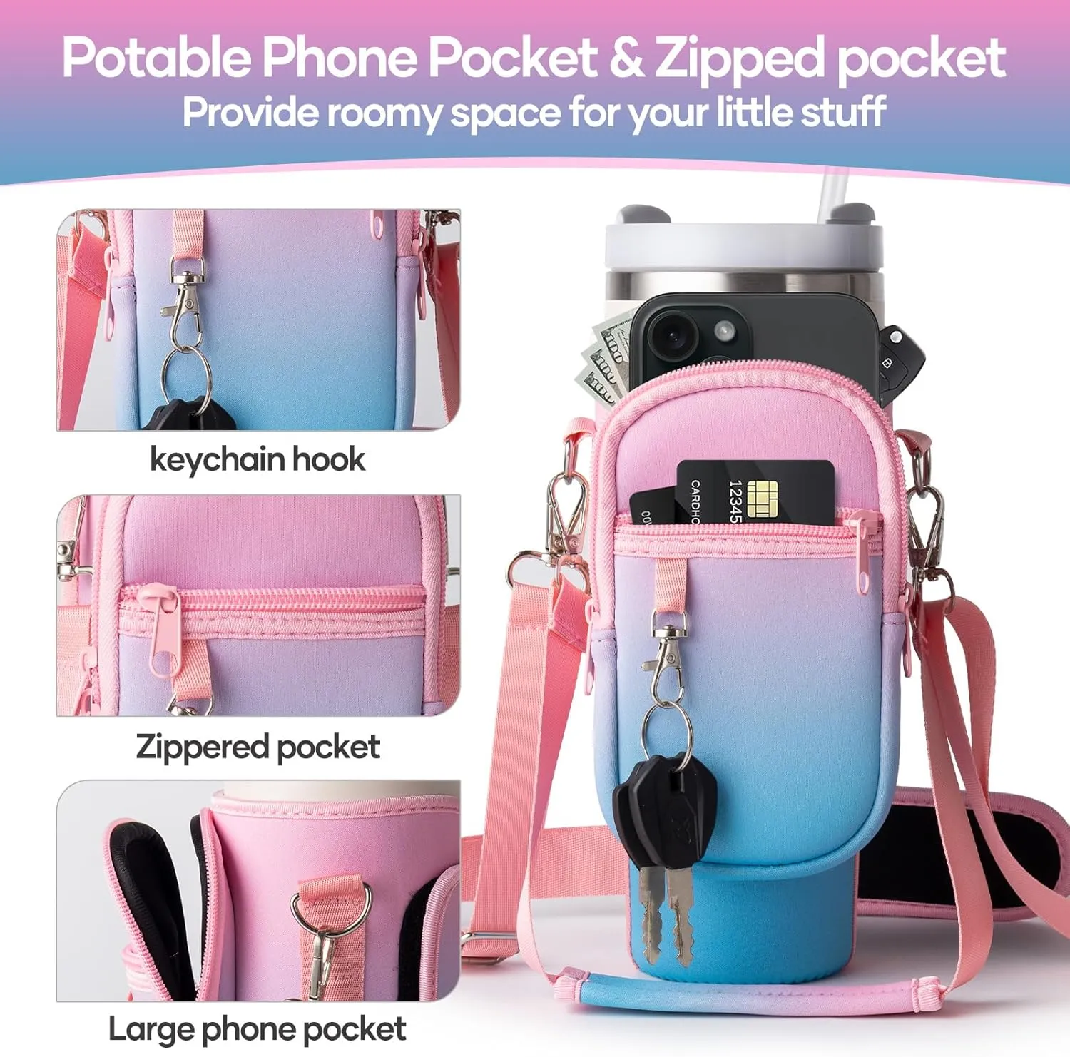 linmaya Water Bottle Carrier Bag with Phone Pocket for Stanley Cup 40/30oz,Insulated Neoprene Water Bottle Holder Cross-boday Bag with Adjustable Shoulder & Handheld Strap Stanley Cup Accessories