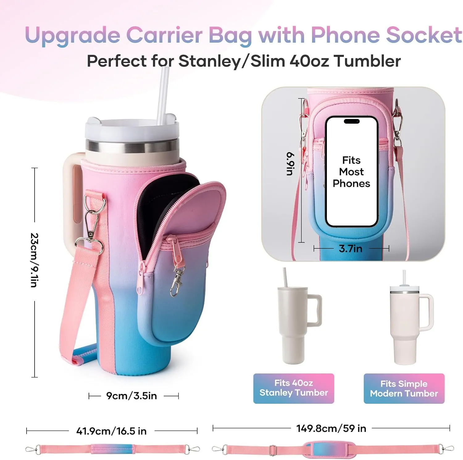 linmaya Water Bottle Carrier Bag with Phone Pocket for Stanley Cup 40/30oz,Insulated Neoprene Water Bottle Holder Cross-boday Bag with Adjustable Shoulder & Handheld Strap Stanley Cup Accessories