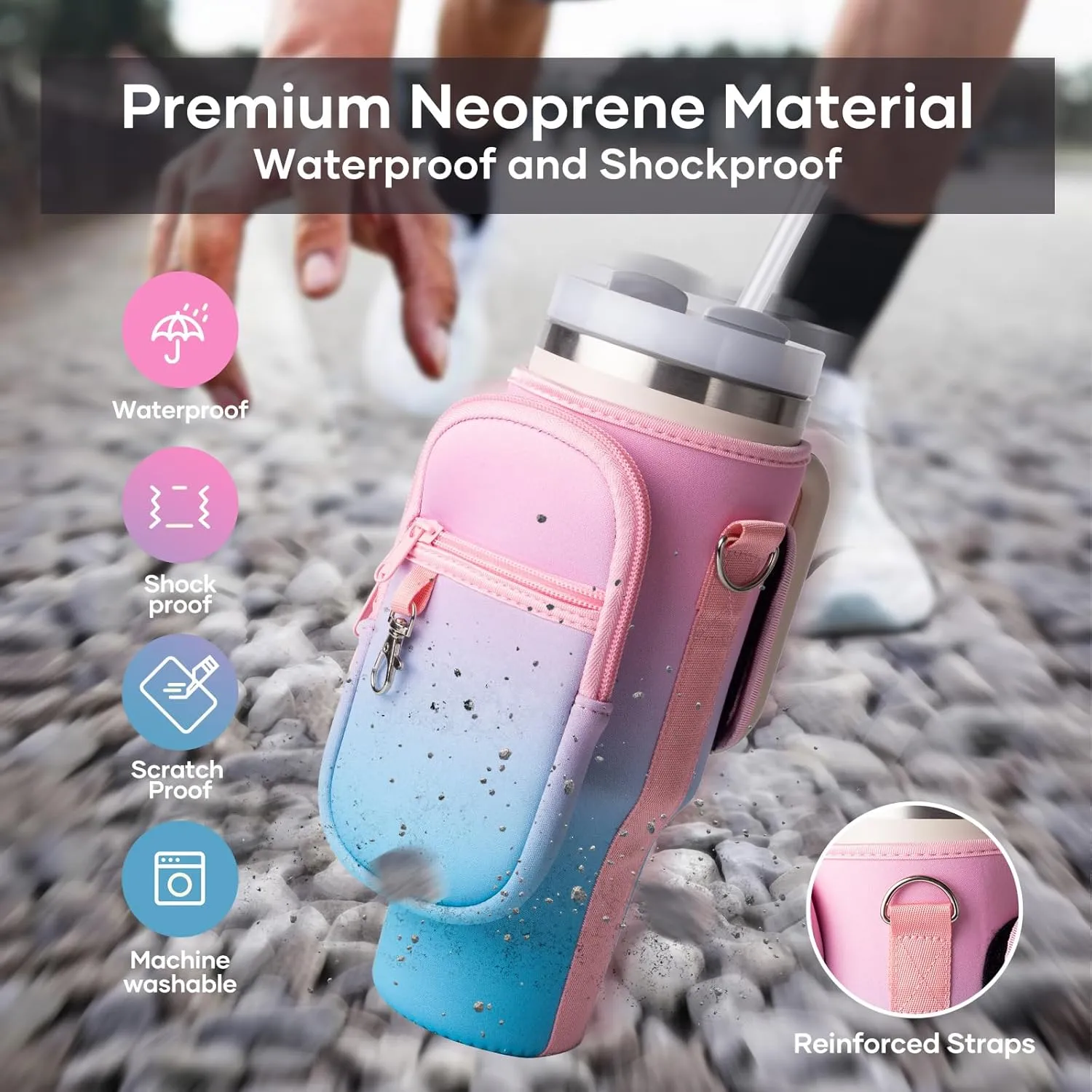 linmaya Water Bottle Carrier Bag with Phone Pocket for Stanley Cup 40/30oz,Insulated Neoprene Water Bottle Holder Cross-boday Bag with Adjustable Shoulder & Handheld Strap Stanley Cup Accessories