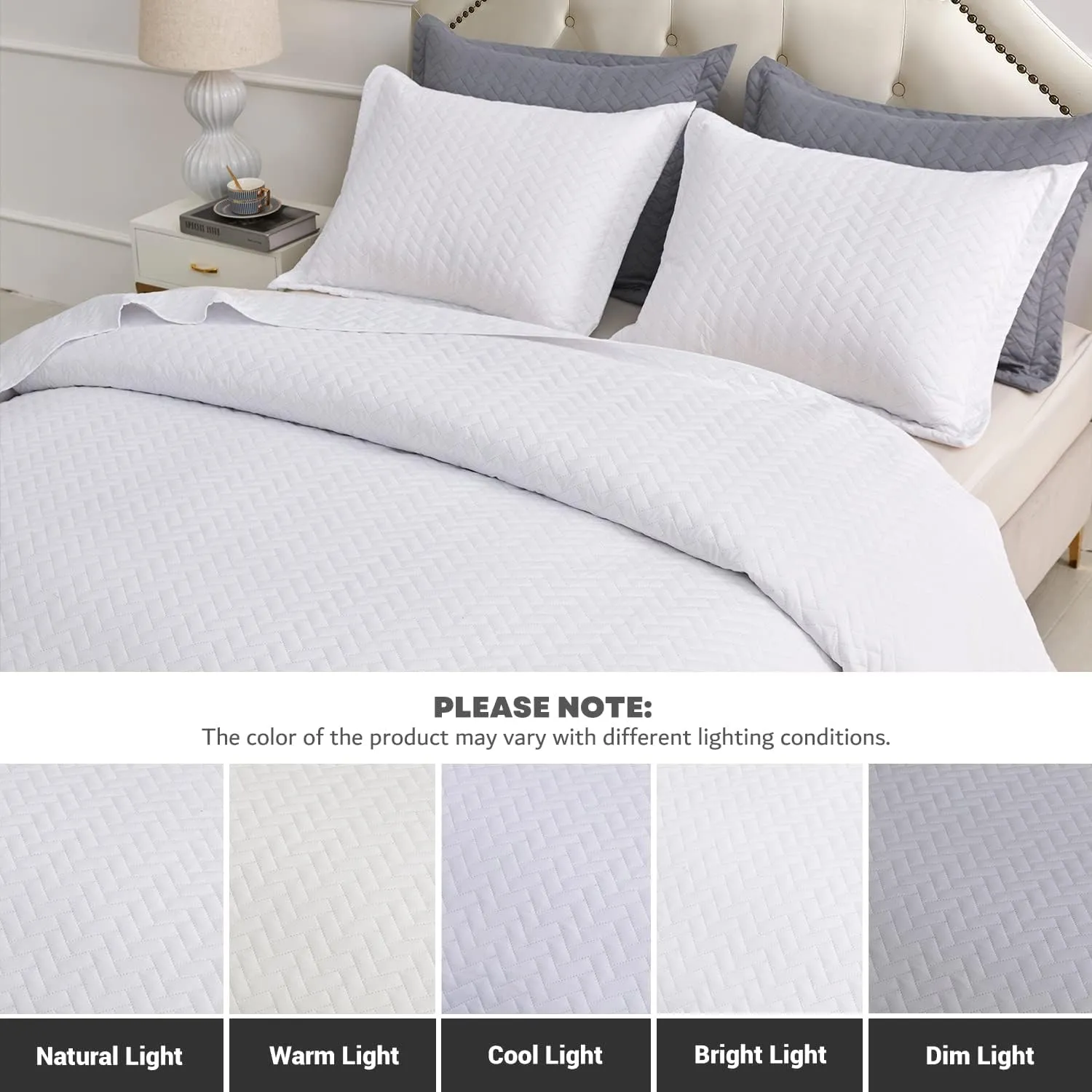 Maple&Stone White Quilt Set Queen Size, Lightweight Bedspread Ultrasonic Chevron Pattern Light Coverlet for All Season Comforter Bedding Decor - 3 Piece Full Bed Cover Sets