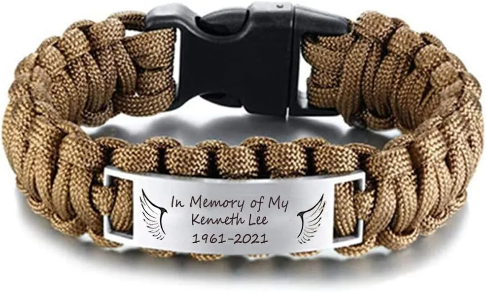 Mens Stainless steel Memorial Bracelet,Outdoor Black Rope Paracord Survival Angel Wing In Memory of Someone Bracelet