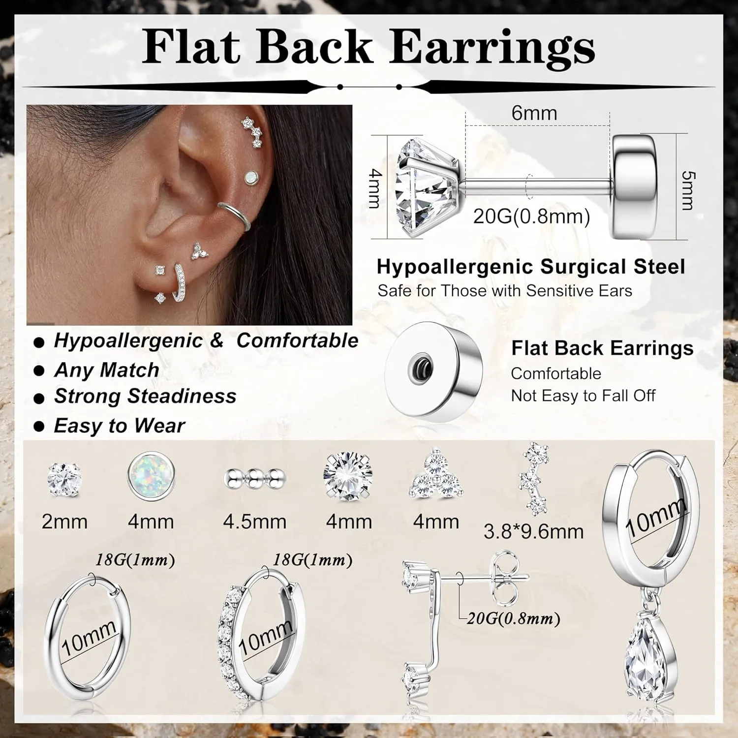 MILACOLATO Hypoallergenic Flat Back Earrings Gold Cartilage Earring Sets for Multiple Piercing 20G Surgical Stainless Steel Earrings for Women Trendy Earring Stacks Small Hoop Flatback Stud Earrings