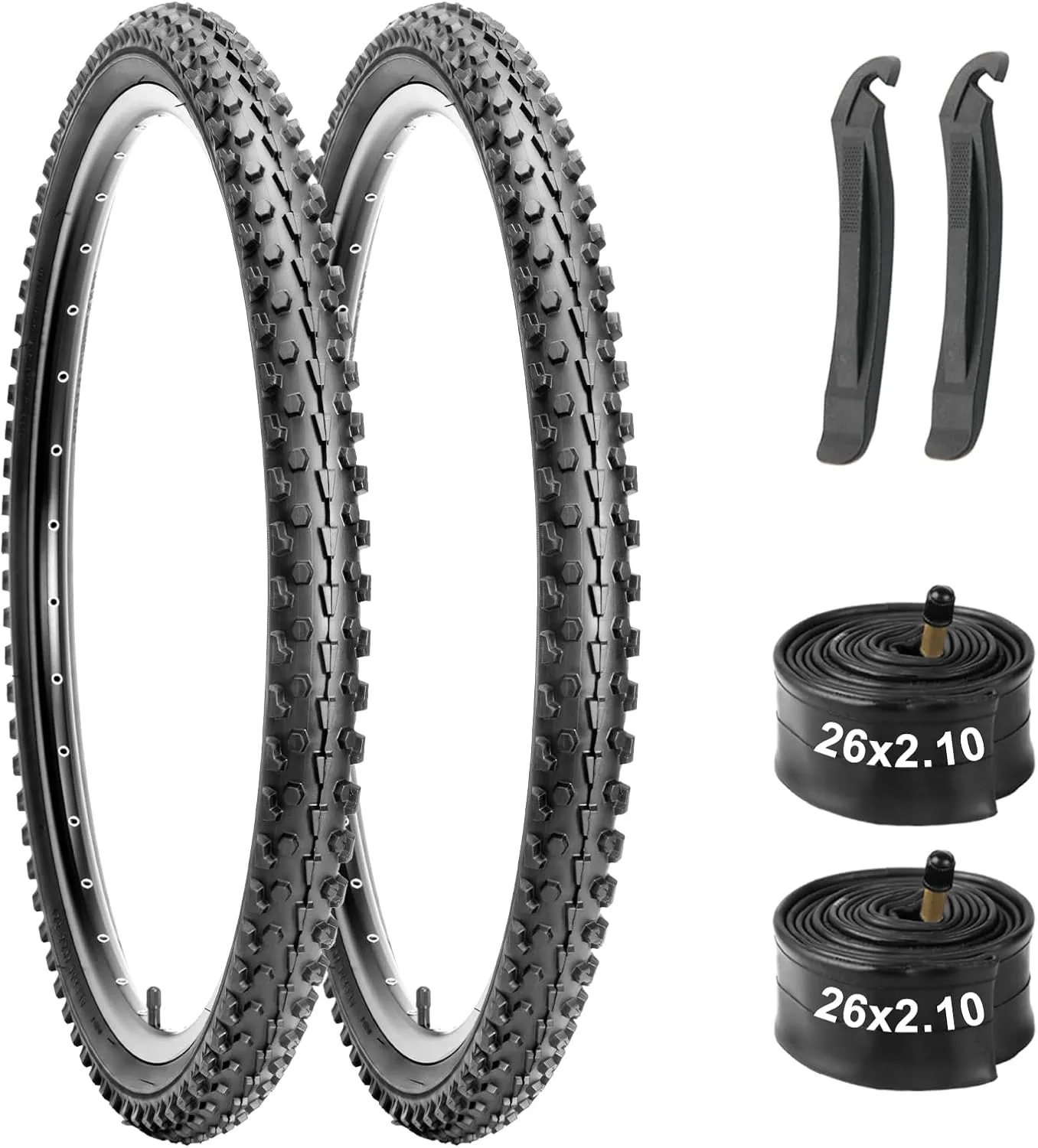 Mountain Bike Tires & Tubes Set: 26x2.1 Inch Puncture-Resistant MTB Tires with Heavy-Duty Butyl Inner Tubes & Tire Levers for Off-Road Cycling
