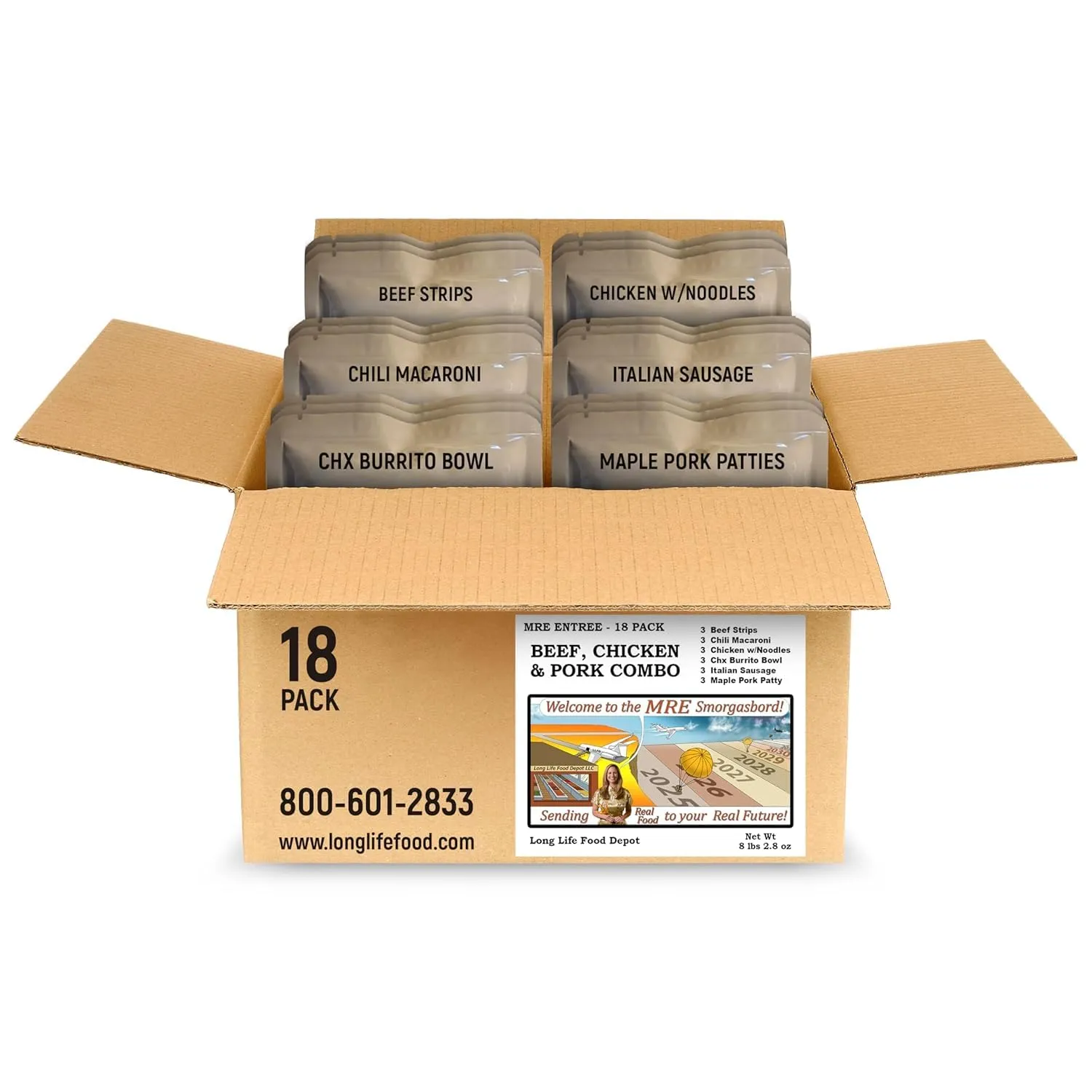 MRE Variety Pack (18-Pack)  Beef, Chicken & Pork Entrees  Long Shelf Life  2023  Production Dates by Long Life Food Depot  Meals Ready to Eat
