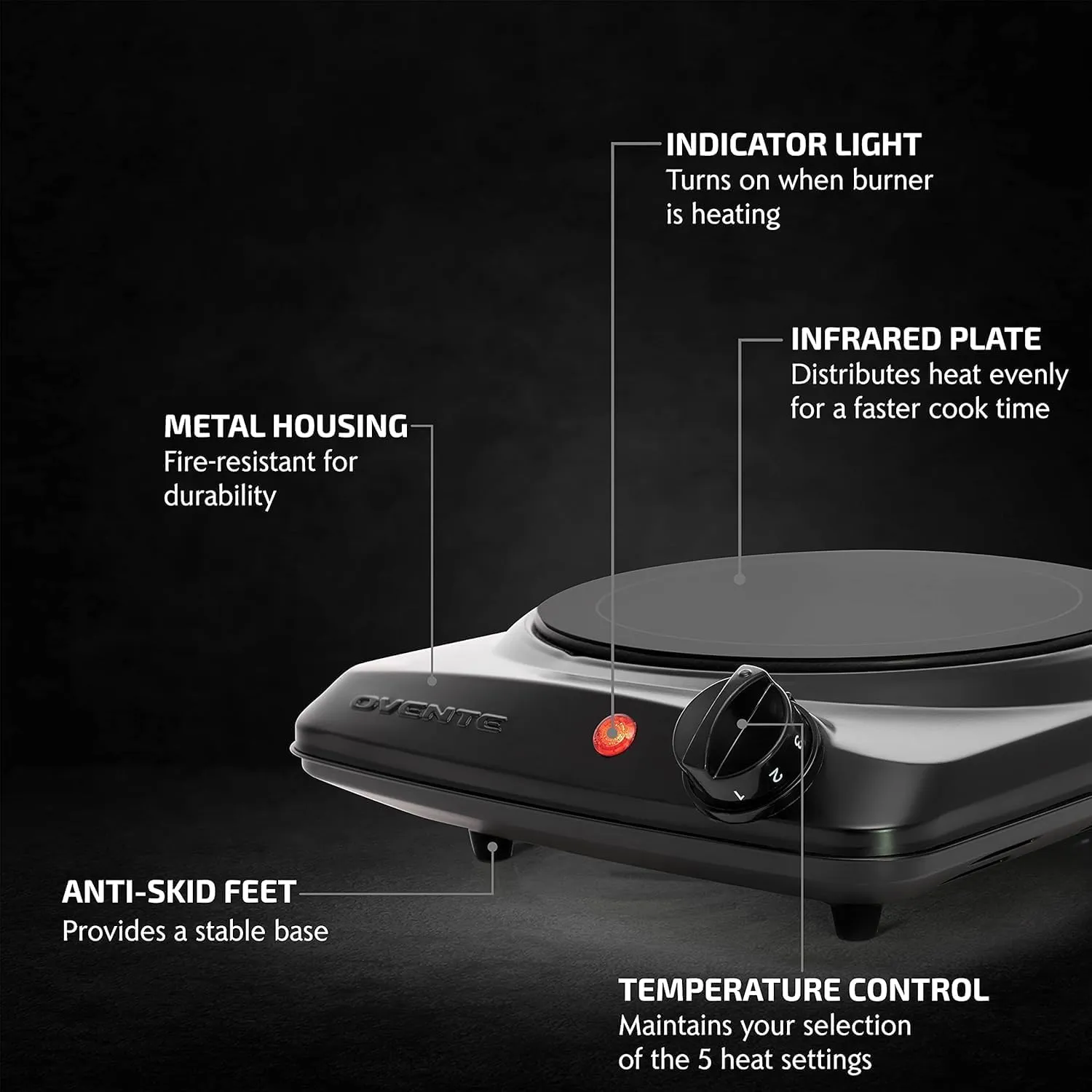 OVENTE Countertop Infrared Single Burner, 1000W Electric Hot Plate with 7 Ceramic Glass Cooktop, 5 Level Temperature Setting & Easy to Clean Base, Compact Stove for Home Dorm Office, Black BGI101B