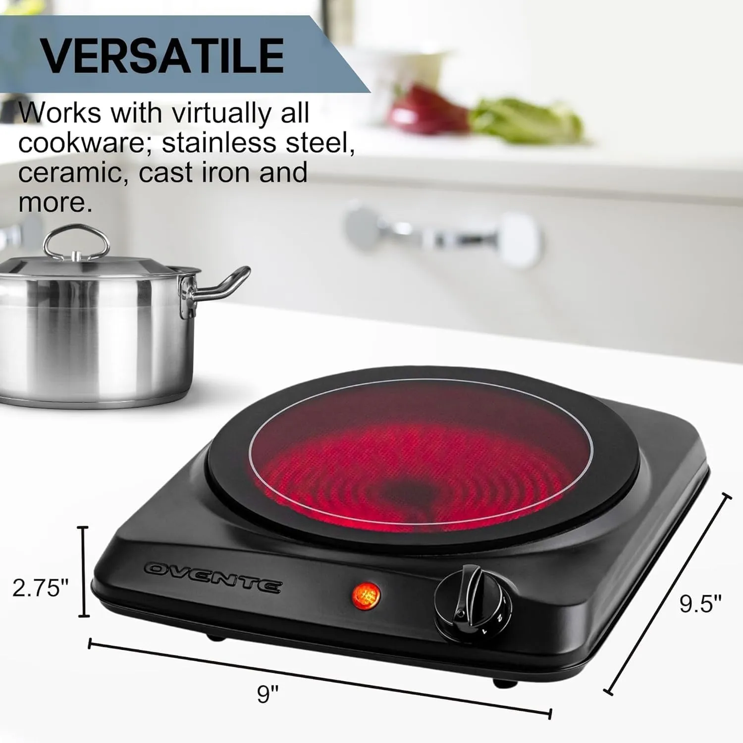 OVENTE Countertop Infrared Single Burner, 1000W Electric Hot Plate with 7 Ceramic Glass Cooktop, 5 Level Temperature Setting & Easy to Clean Base, Compact Stove for Home Dorm Office, Black BGI101B