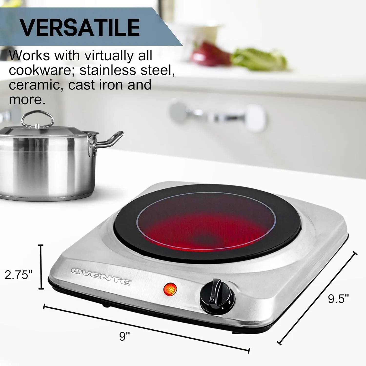 OVENTE Countertop Infrared Single Burner, 1000W Electric Hot Plate with 7 Ceramic Glass Cooktop, 5 Level Temperature Setting & Easy to Clean Base, Compact Stove for Home Dorm Office, Silver BGI101S