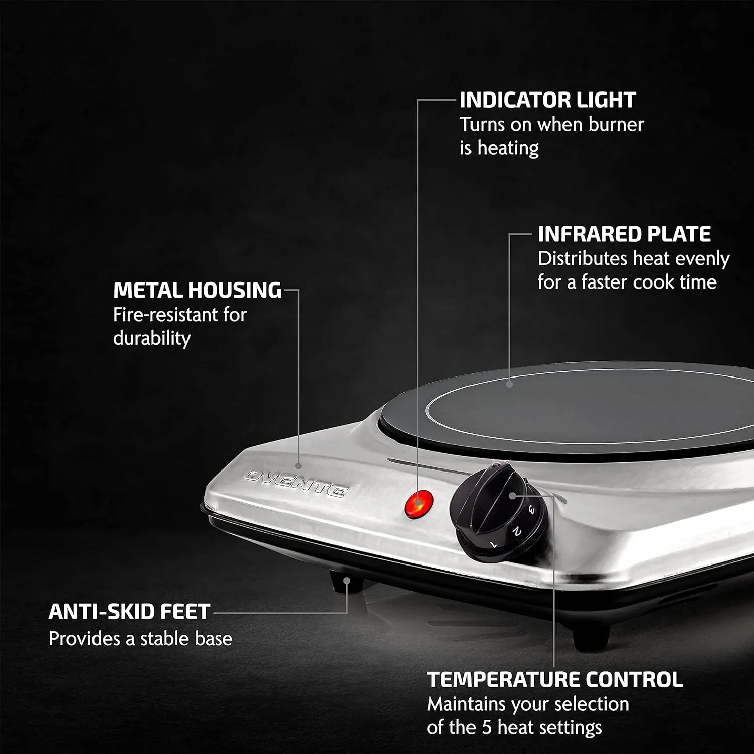 OVENTE Countertop Infrared Single Burner, 1000W Electric Hot Plate with 7 Ceramic Glass Cooktop, 5 Level Temperature Setting & Easy to Clean Base, Compact Stove for Home Dorm Office, Silver BGI101S