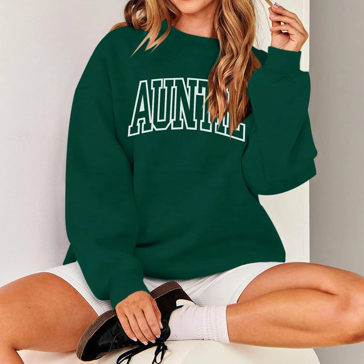 Oversized Auntie Printed Sweatshirt For Women Loose Fit Cool Aunt Crewneck Cotton Sweatshirts Long Sleeve Pullover