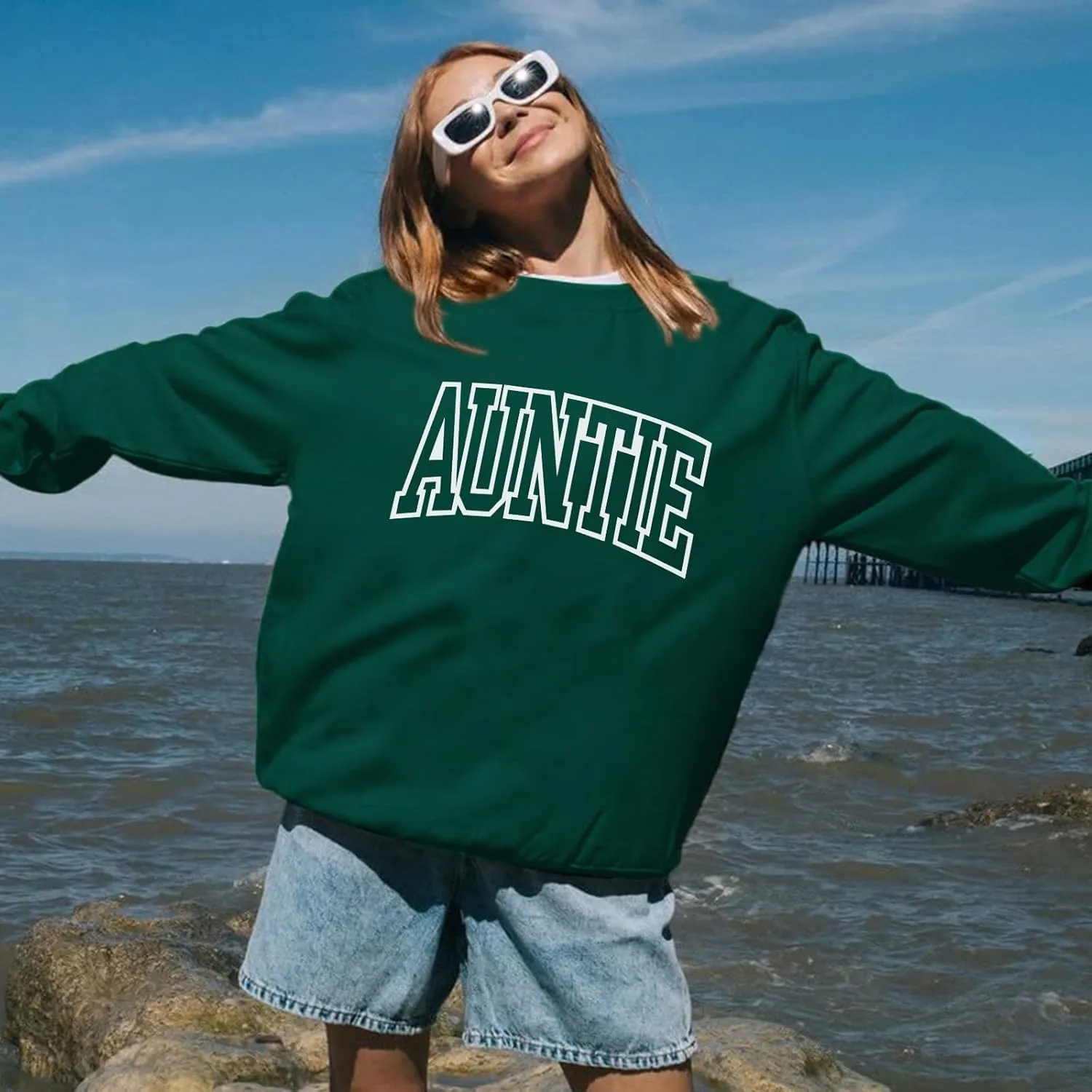 Oversized Auntie Printed Sweatshirt For Women Loose Fit Cool Aunt Crewneck Cotton Sweatshirts Long Sleeve Pullover