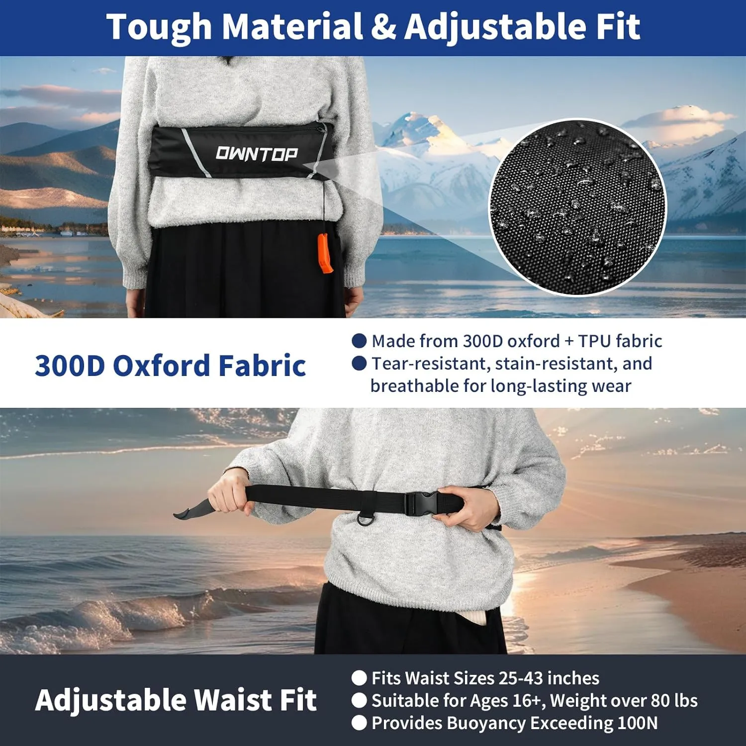 Owntop Manual Inflatable Belt Pack, Adults Swim Jacket with Blowpipe & Whistle, 24g CO2 Cylinder Included, Low Profile for Kayaking, Fishing, Paddle Sports