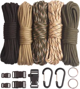 Paracord,Paracord 550 Combo Crafting Kits with 5 Types Buckles,20 Feet Each Paracord Rope (Light Rainbow Set 200feet) (A-Set)