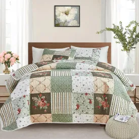 Patchwork Quilt Set Full/Queen Size, 3 Pieces Green Floral Plaid Summer Bedspread Coverlet Set, Soft Microfiber Reversible Lightweight Bed Cover for All Season (90" x 90", 1 Quilt  2 Pillow Shams)