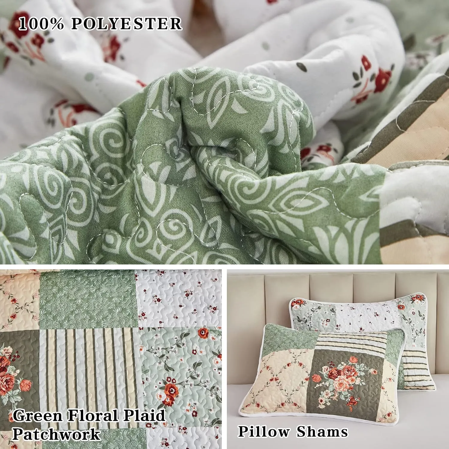 Patchwork Quilt Set Full/Queen Size, 3 Pieces Green Floral Plaid Summer Bedspread Coverlet Set, Soft Microfiber Reversible Lightweight Bed Cover for All Season (90" x 90", 1 Quilt  2 Pillow Shams)