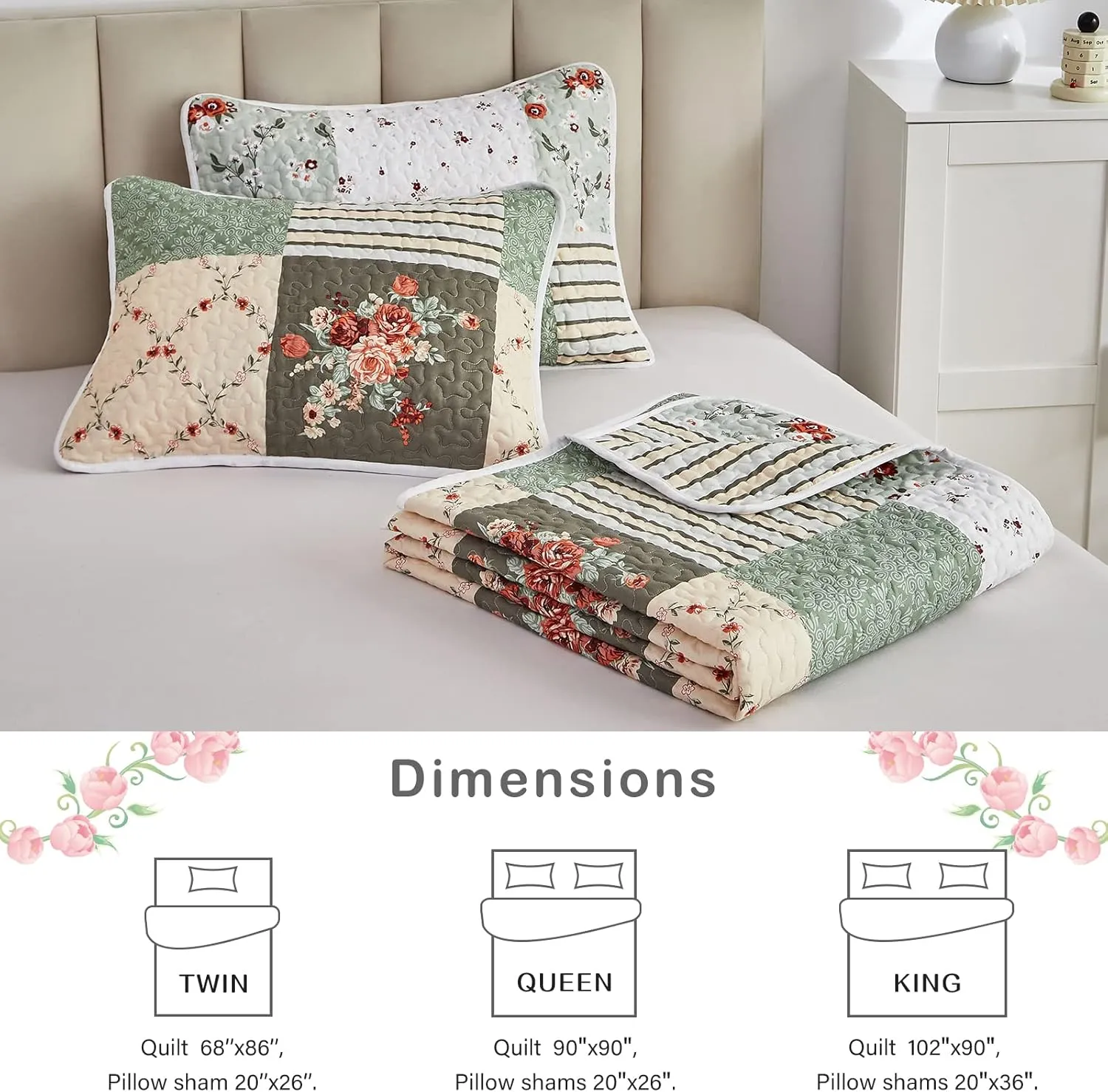 Patchwork Quilt Set Full/Queen Size, 3 Pieces Green Floral Plaid Summer Bedspread Coverlet Set, Soft Microfiber Reversible Lightweight Bed Cover for All Season (90" x 90", 1 Quilt  2 Pillow Shams)