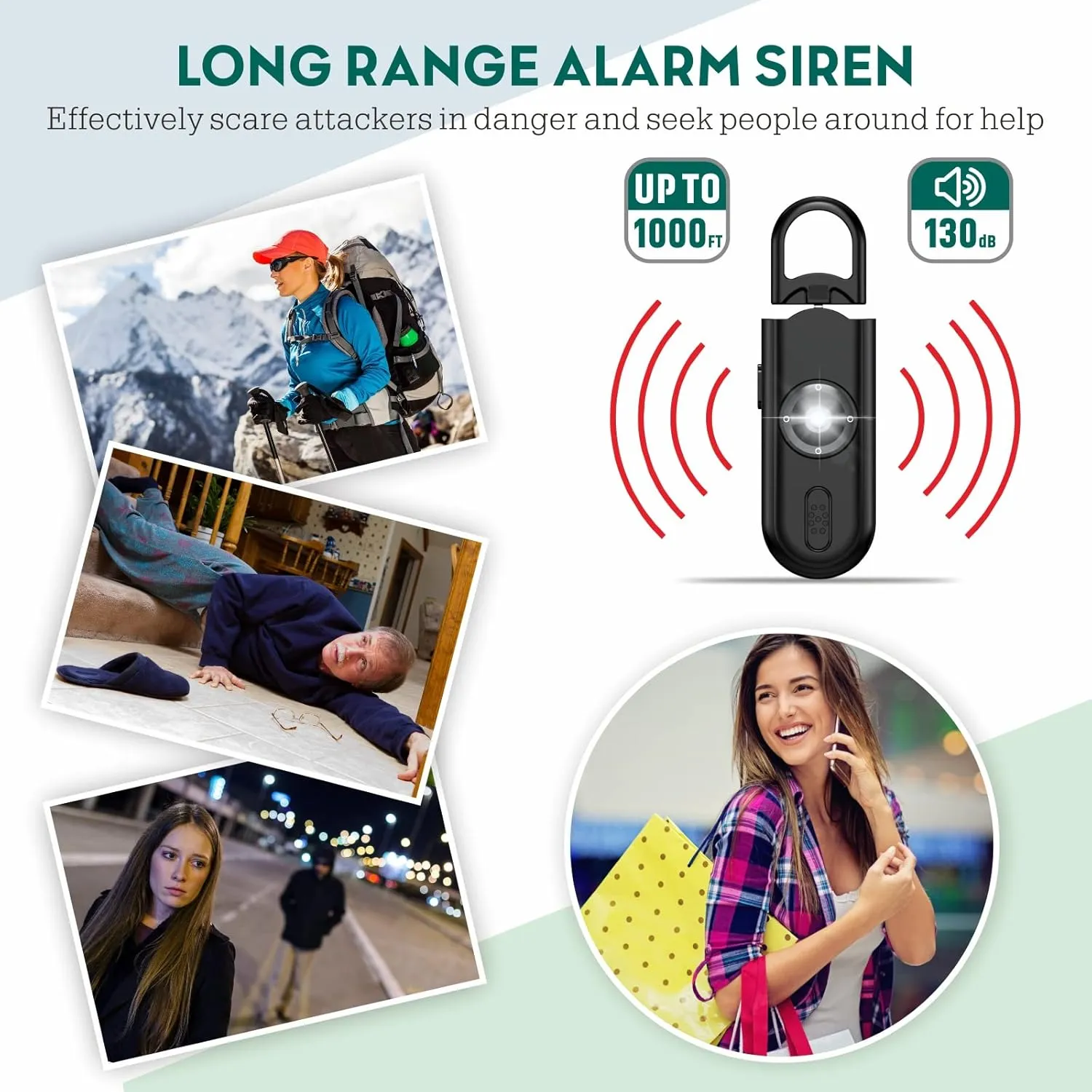 Personal Alarm Self Defense Device 130dB Loud, SOS Strobe Light, Flashlight, Emergency Whistle - Safe Sound Hand Held Safety Siren Key Chain Help Women, Elders, Kids Emergency Call