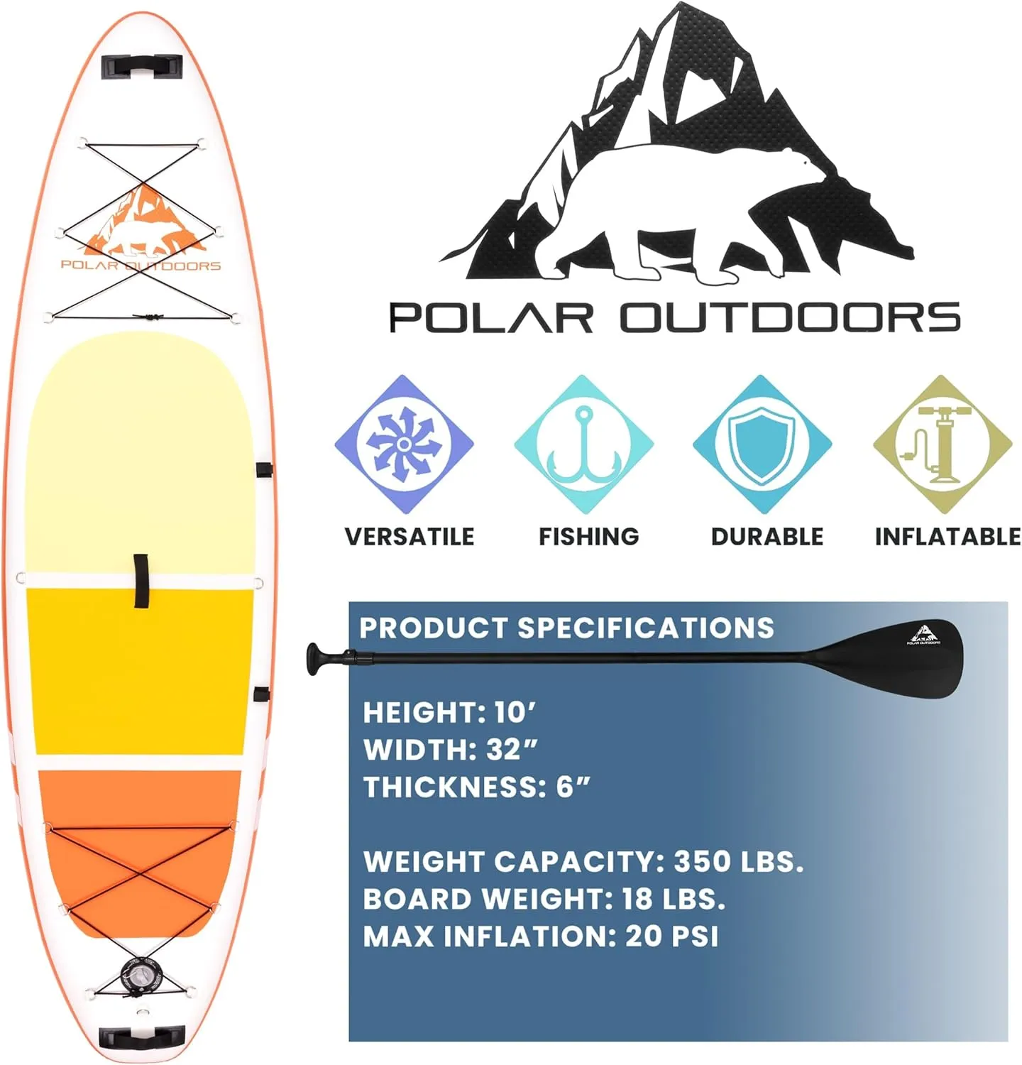 Polar Outdoors by Roc Inflatable Stand Up Paddle Board with Premium SUP Paddle Board Accessories, Wide Stable Design, Non-Slip Comfort Deck for Youth & Adults