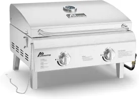Portable Stainless Steel Gas Grill - 2 Burners Easy Clean Tabletop BBQ Propane Gas Grill with Foldable Legs and Wind Proof Lid for Camping and Outdoor - Silver