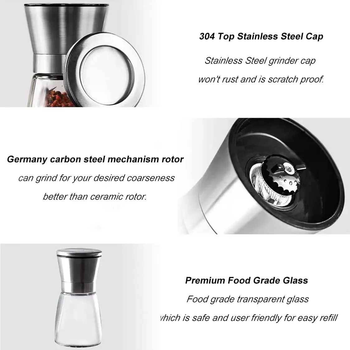 Professional Pepper Grinder - with Germany Hardened Carbon Steel Mechanism Rotor, Refillable Pepper Mill 6OZ Glass Adjust Coarseness (1PCS-Sliver-304