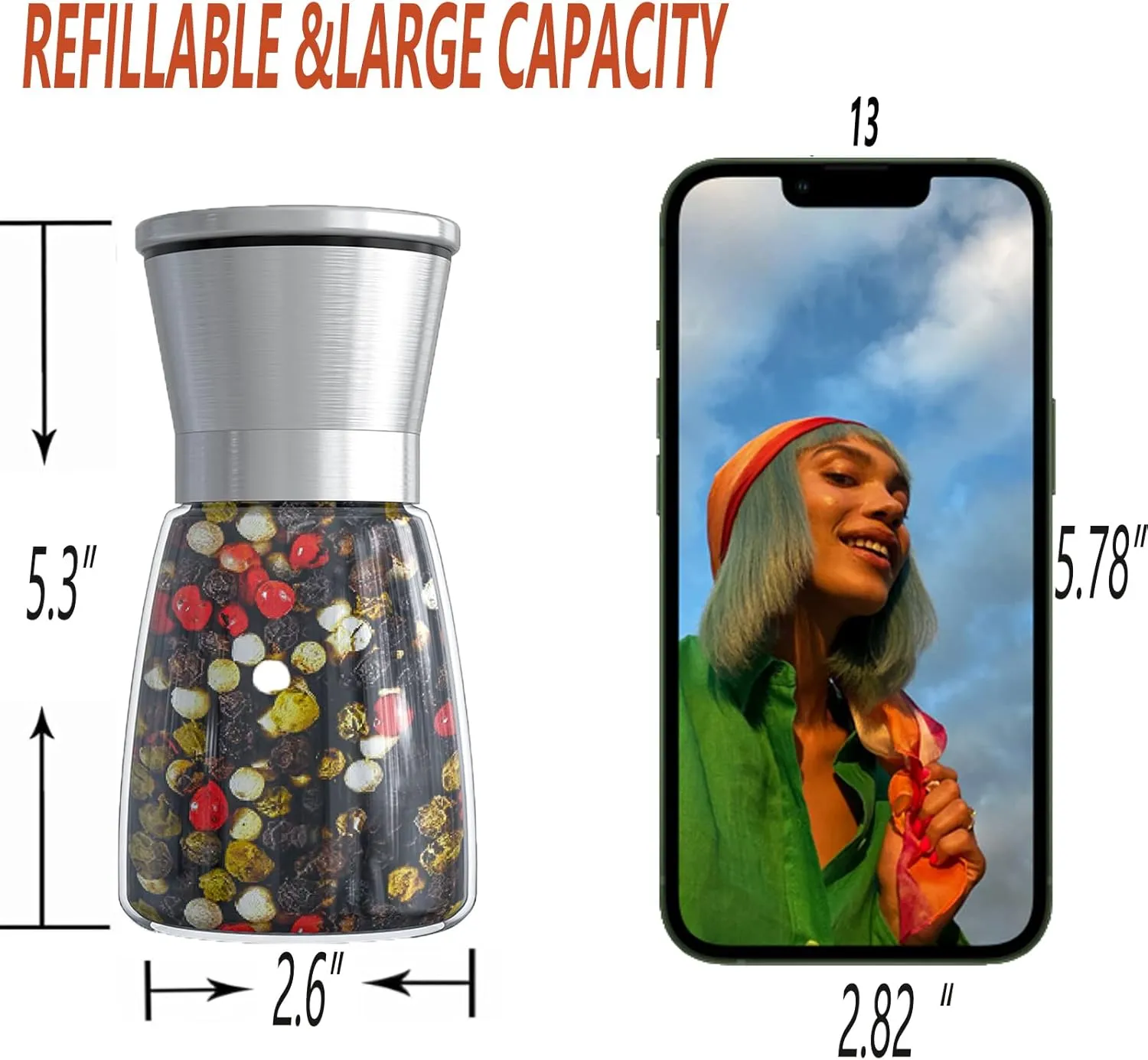 Professional Pepper Grinder - with Germany Hardened Carbon Steel Mechanism Rotor, Refillable Pepper Mill 6OZ Glass Adjust Coarseness (1PCS-Sliver-304