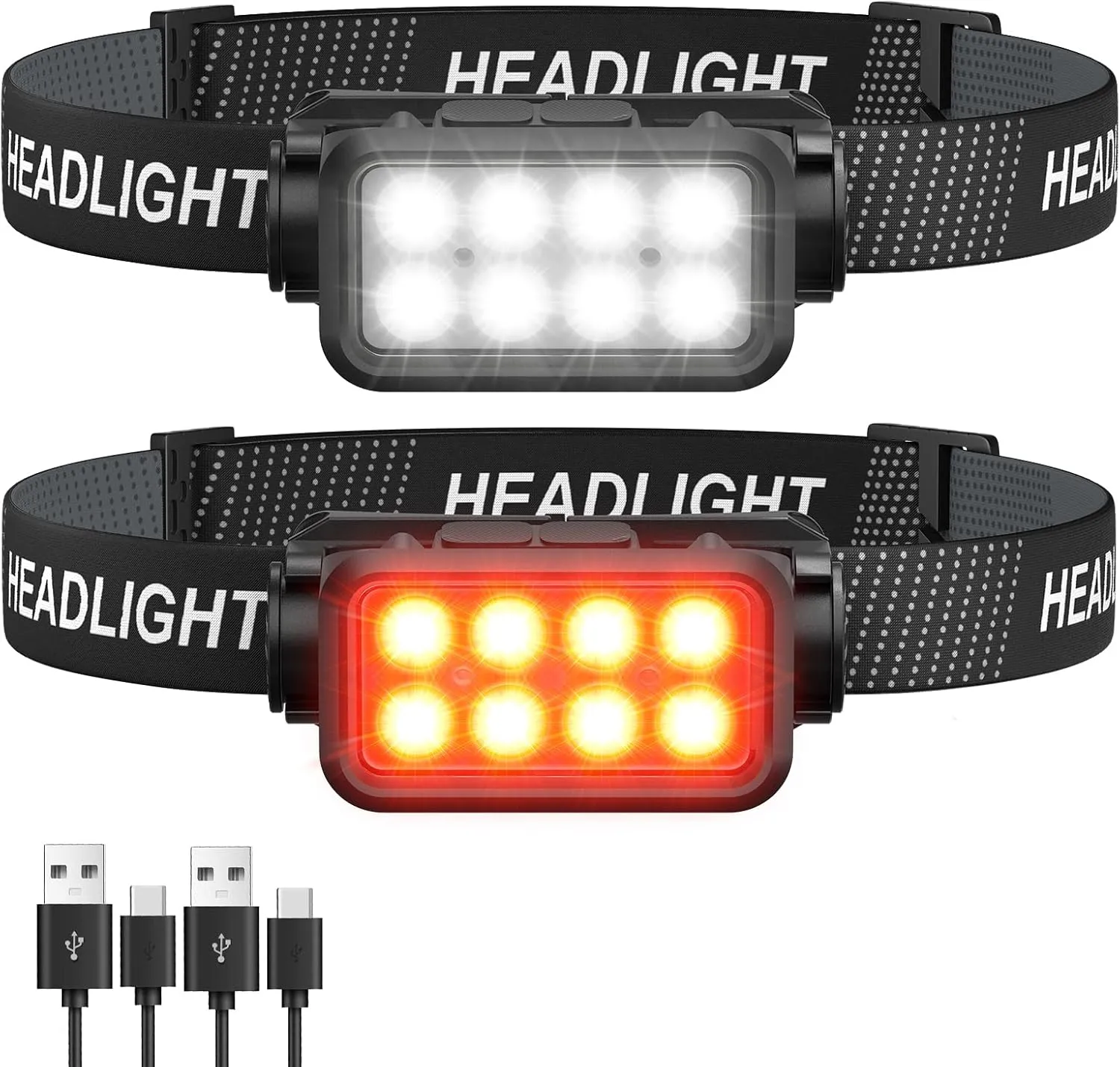 Rechargeable Headlamp Flashlight, 8 LED 2500 Lumen Super Bright Headlight with White Red Light & Motion Sensor, 2-Pack Waterproof Head Lamp for Adult Kid, Headlamps for Outdoor Camping Running Fishing