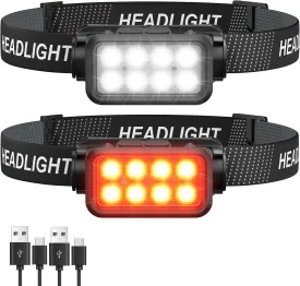 Rechargeable Headlamp Flashlight, 8 LED 2500 Lumen Super Bright Headlight with White Red Light & Motion Sensor, 2-Pack Waterproof Head Lamp for Adult Kid, Headlamps for Outdoor Camping Running Fishing