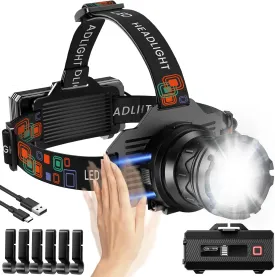 Rechargeable Headlamp Super Bright, Motion Sensor LED Head Lamp with 9 Modes, Zoomable Super Bright Headlamp for Adults 90 Adjustable, IPX7 Waterproof High Power Headlamps for Fishing Camping