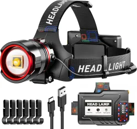 Rechargeable LED Headlamps, 1900LM Bright Headlamp with Motion Sensor & Zoomable, 12 Modes, IPX7 Waterproof Headlight for Forehead, 125 Adjustable & Brightest Head Lamp for Adults, Camping, Hardhat
