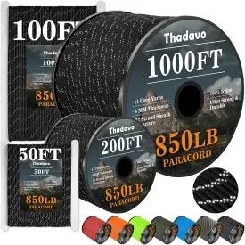 Reflective Paracord Rope 850Ib, 50/100/200/500/1000ft 4MM 11 Strand para Cords Lanyard Utility Parachute Cord for Tent Camping Hiking Survival Tactical Clothesline DIY Projects, Black 100FT