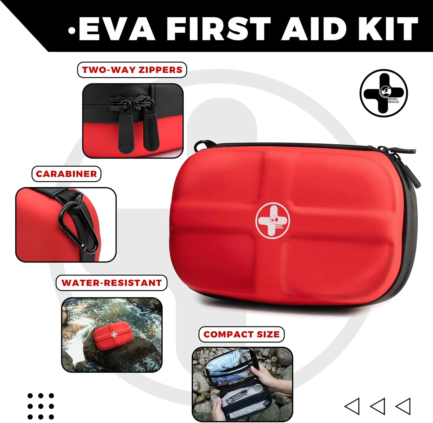 RHINO RESCUE EVA First Aid Kit, HSA/FSA Eligible, Small Waterproof Portable Emergency Hiking First Aid Kit for Backpackingg, Medical Kit for Travel, Home, Car, College Dorm, Camping, Boat (Red)