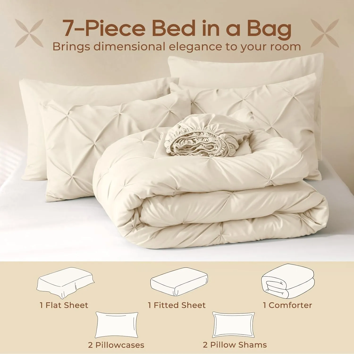 Sasttie Queen Comforter Set, 7-Piece Bed in a Bag, Pintuck Bedding Sets for All Season, Includes Comforter, Flat Sheet, Fitted Sheet, Pillowcases and Pillowshams, Beige