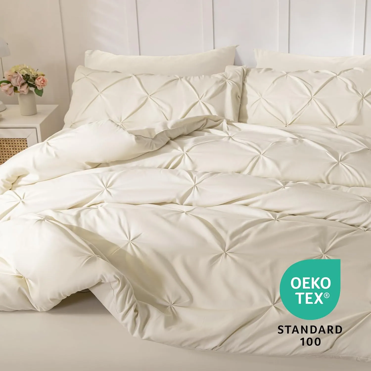 Sasttie Queen Comforter Set, 7-Piece Bed in a Bag, Pintuck Bedding Sets for All Season, Includes Comforter, Flat Sheet, Fitted Sheet, Pillowcases and Pillowshams, Beige