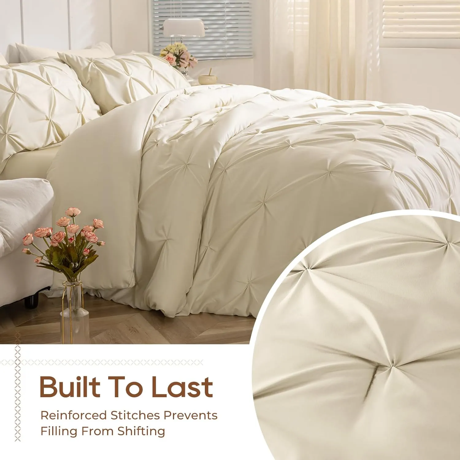 Sasttie Queen Comforter Set, 7-Piece Bed in a Bag, Pintuck Bedding Sets for All Season, Includes Comforter, Flat Sheet, Fitted Sheet, Pillowcases and Pillowshams, Beige