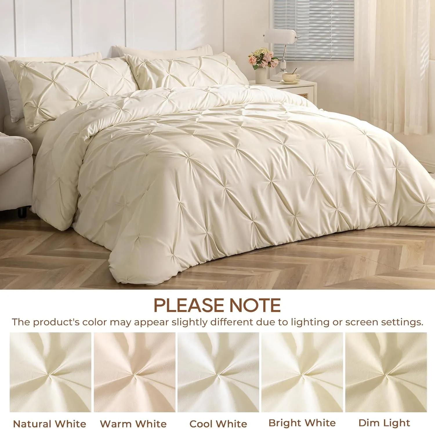 Sasttie Queen Comforter Set, 7-Piece Bed in a Bag, Pintuck Bedding Sets for All Season, Includes Comforter, Flat Sheet, Fitted Sheet, Pillowcases and Pillowshams, Beige