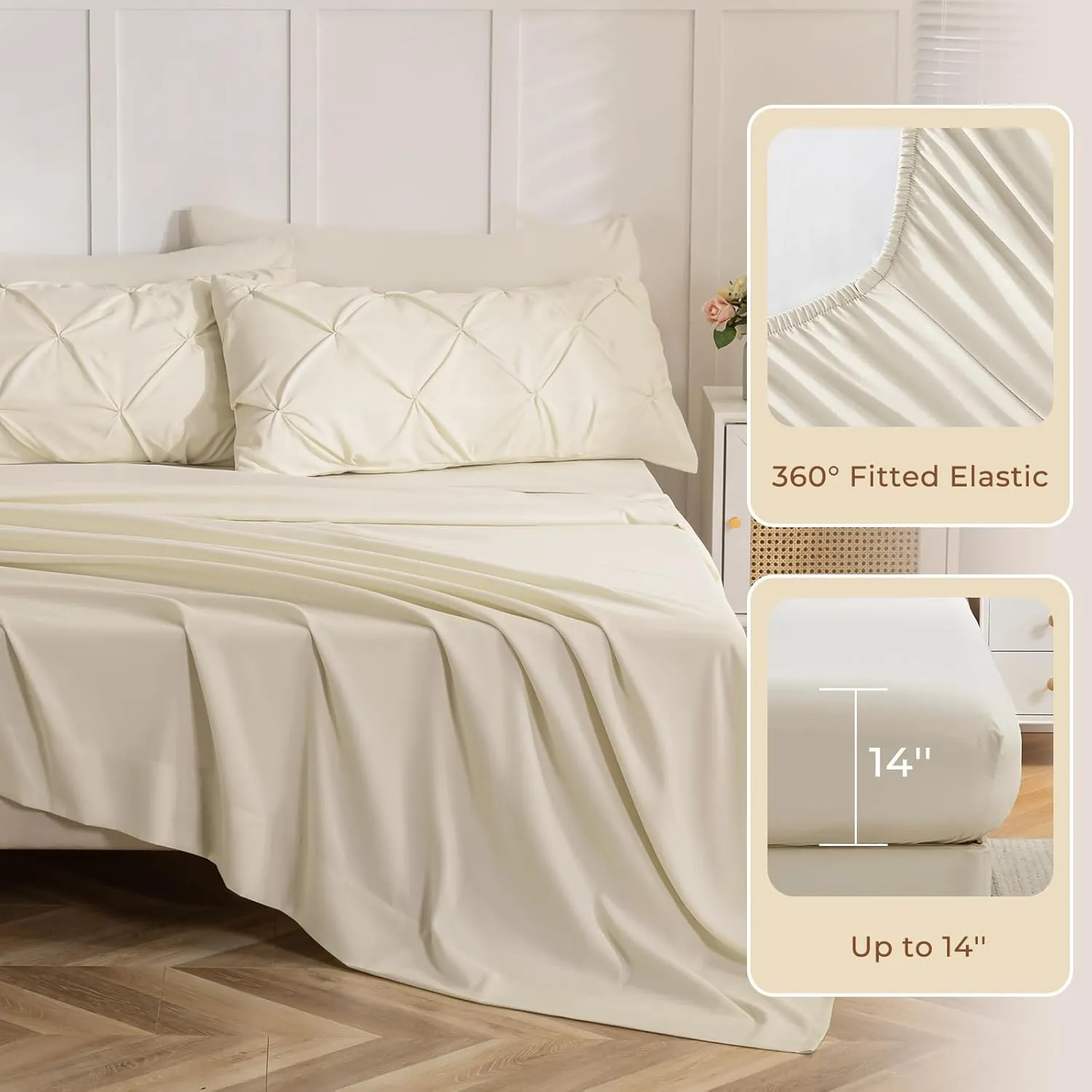 Sasttie Queen Comforter Set, 7-Piece Bed in a Bag, Pintuck Bedding Sets for All Season, Includes Comforter, Flat Sheet, Fitted Sheet, Pillowcases and Pillowshams, Beige