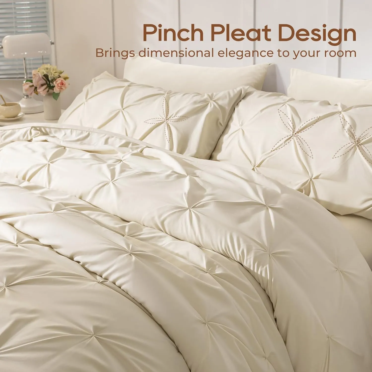 Sasttie Queen Comforter Set, 7-Piece Bed in a Bag, Pintuck Bedding Sets for All Season, Includes Comforter, Flat Sheet, Fitted Sheet, Pillowcases and Pillowshams, Beige