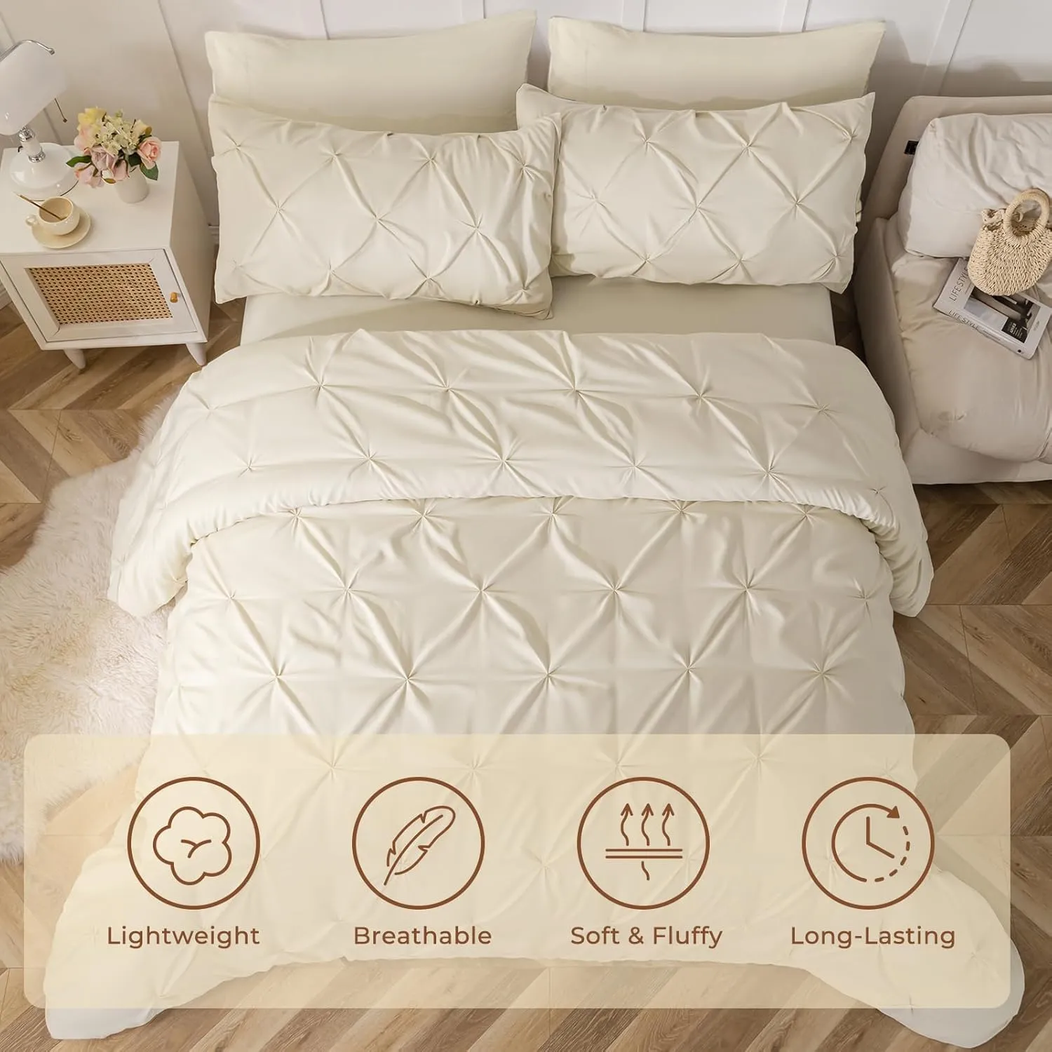 Sasttie Queen Comforter Set, 7-Piece Bed in a Bag, Pintuck Bedding Sets for All Season, Includes Comforter, Flat Sheet, Fitted Sheet, Pillowcases and Pillowshams, Beige
