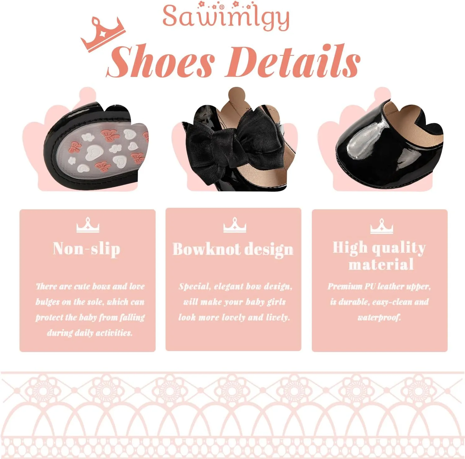 Sawimlgy Baby Girls Mary Jane Sequins Crown Flats PU Leather Wedding Party Princess Ballet Shoe Infant Rubber Sole Prewalker Toddler First Crib Shoes
