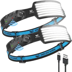 Smiling Shark Rechargeable Headlamp, 2 Pack Wide Angle 6*White Light The Brightest LED Head Lamp with Motion Sensor Waterproof Headlight for Camping Hiking Outdoor, Head-Light-LED-Lamp-Rechargeable