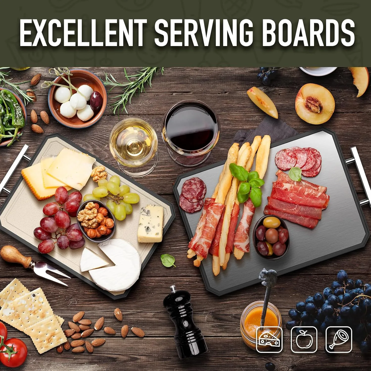 SNOWCLAD Stainless Steel Cutting Board,Double Sided Steel Cutting Board Set for kitchen,Stainless Steel/Wheat straw pp Large for meat,Dishwasher Safe [16 * 11 12 * 8.3 Inch]